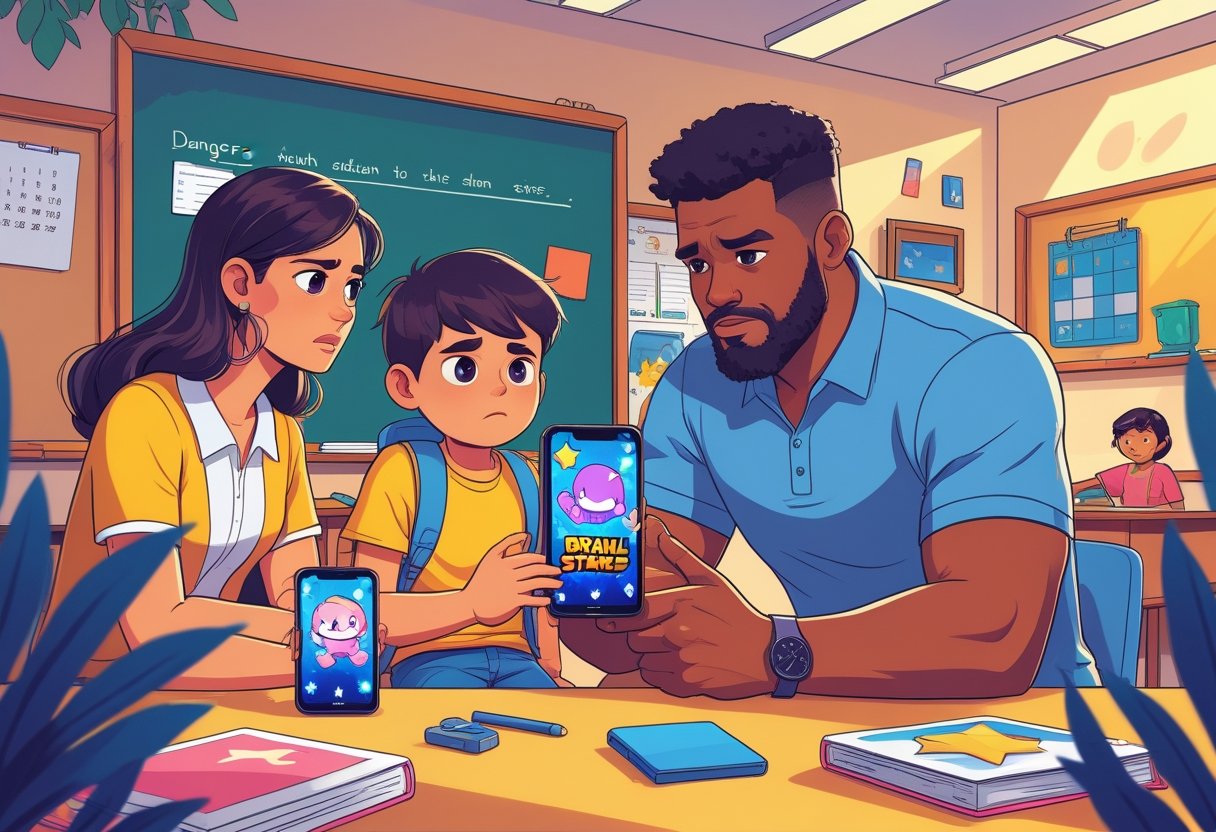 Um pai e um professor conversam preocupados com uma criança segurando um celular mostrando personagens de jogo, em uma sala de aula com livros e quadro-negro ao fundo.
