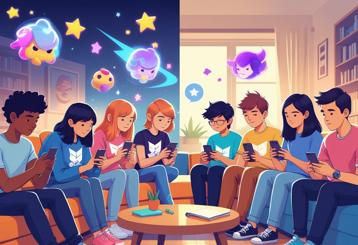 Adolescentes jogando Brawl Stars em seus celulares enquanto pais e professor observam com preocupação, em um ambiente que mistura sala de estar e sala de aula.