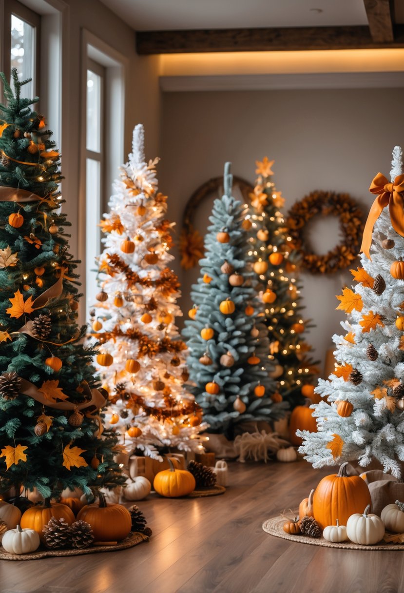 A room filled with 20 Christmas trees decorated with fall-themed ornaments like leaves, pinecones, pumpkins, and warm lights.