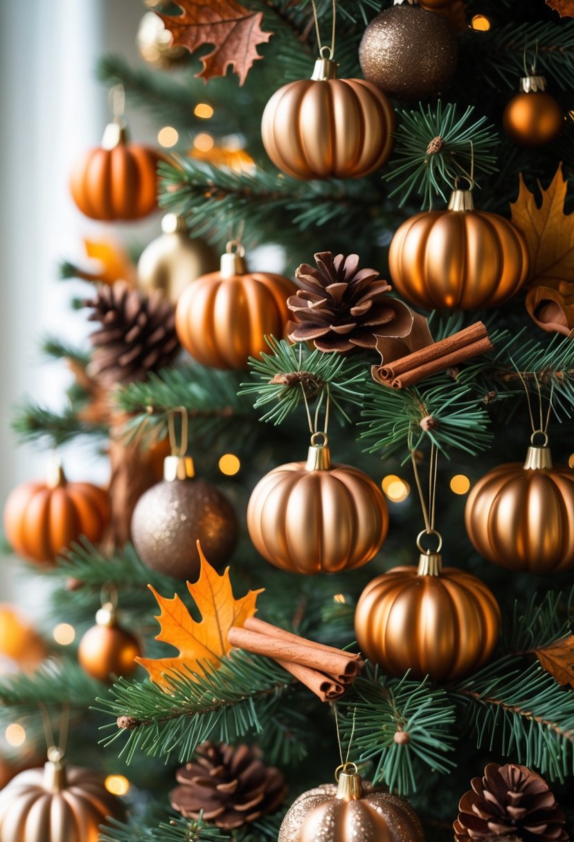 A Christmas tree decorated with pumpkin-shaped ornaments and fall-themed accents.