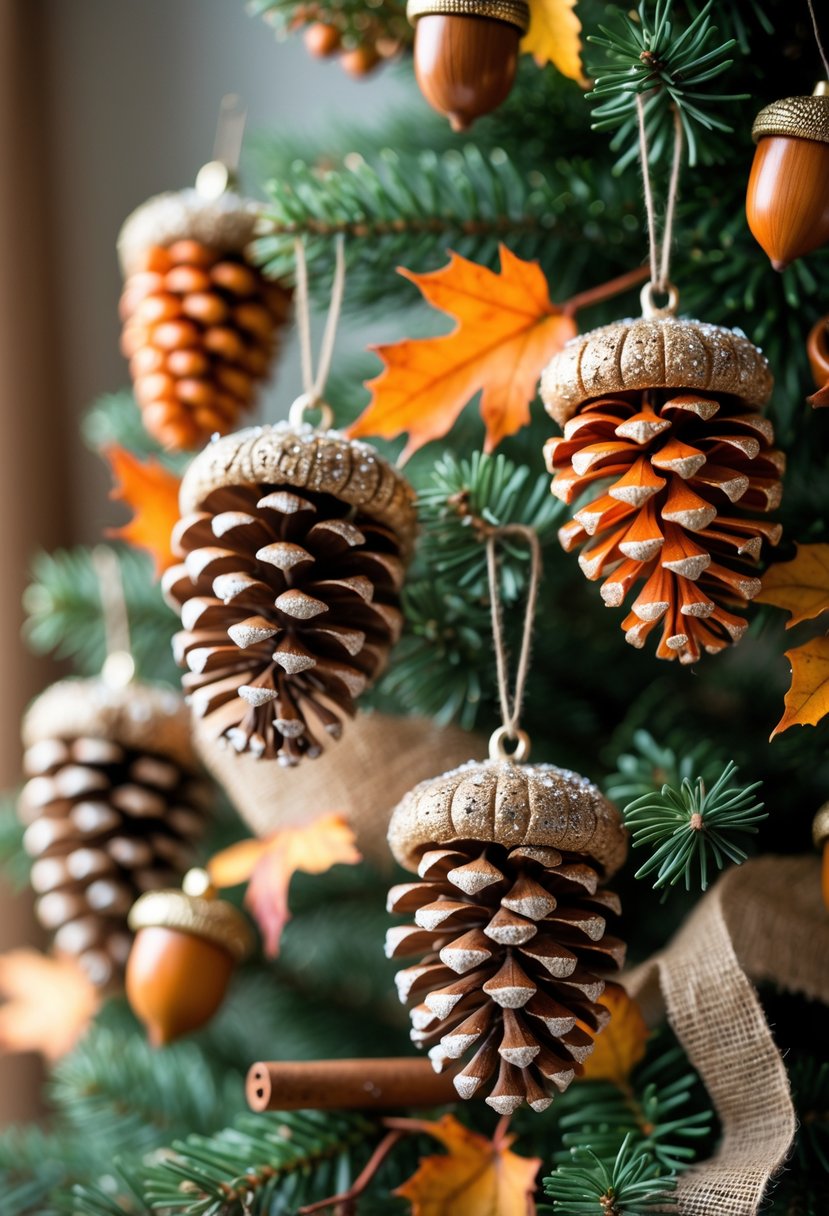 A Christmas tree decorated with pinecones, acorns, and fall-themed ornaments in warm autumn colors.