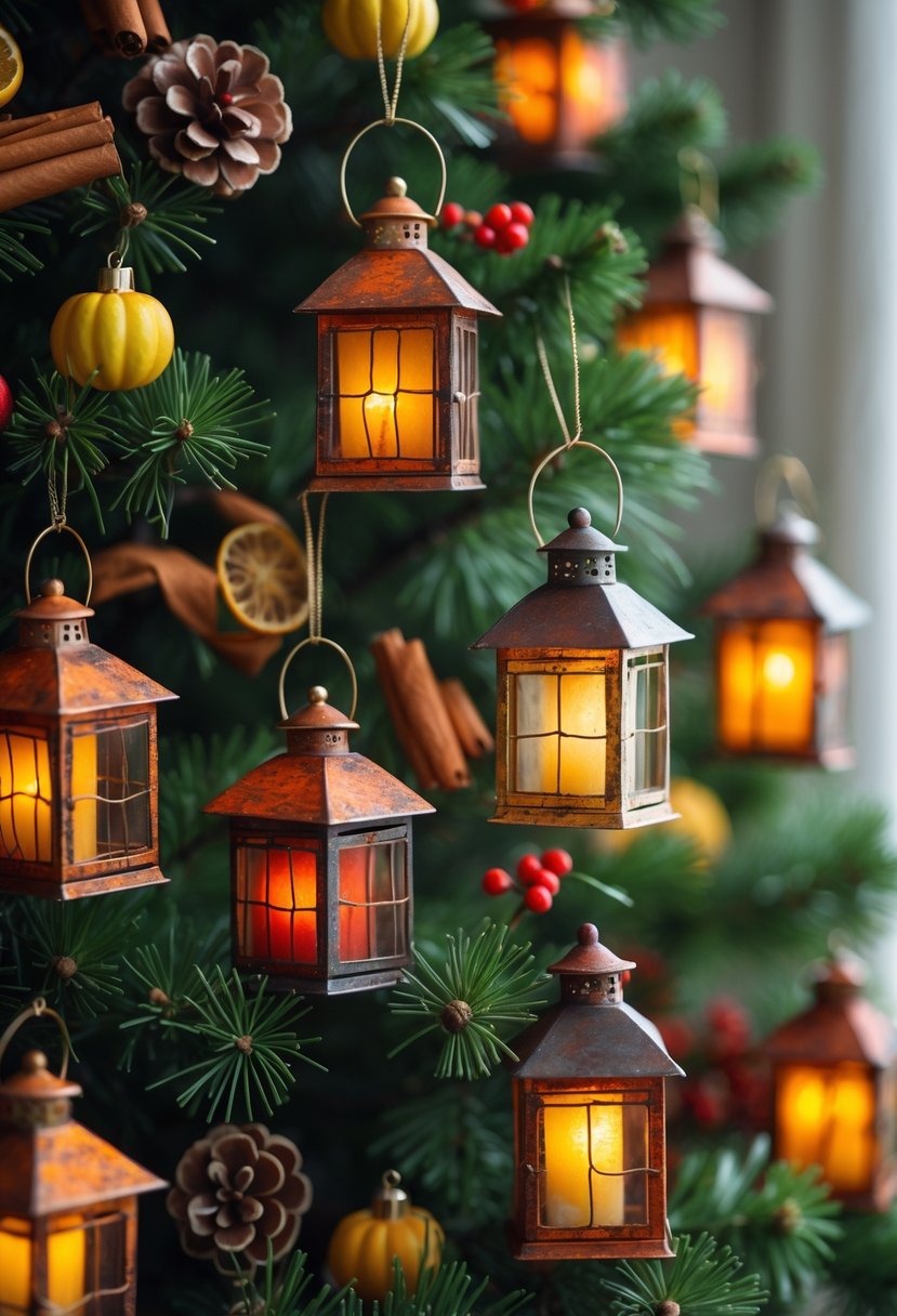 Close-up of a Christmas tree decorated with 20 small lantern ornaments in fall colors, surrounded by pinecones and dried orange slices.