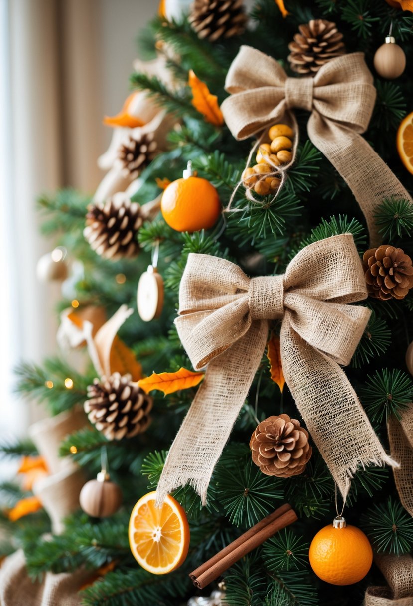 A Christmas tree decorated with rustic burlap bows and fall-themed ornaments like pinecones and dried orange slices.