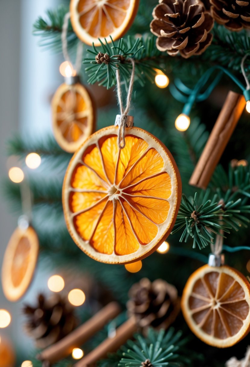 A Christmas tree decorated with dried orange slice ornaments, cinnamon sticks, pine cones, and warm white lights.