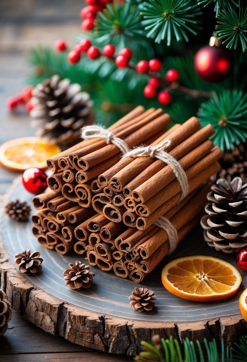 Bundles of cinnamon sticks arranged with pinecones, evergreen branches, red berries, and dried orange slices on a wooden surface.