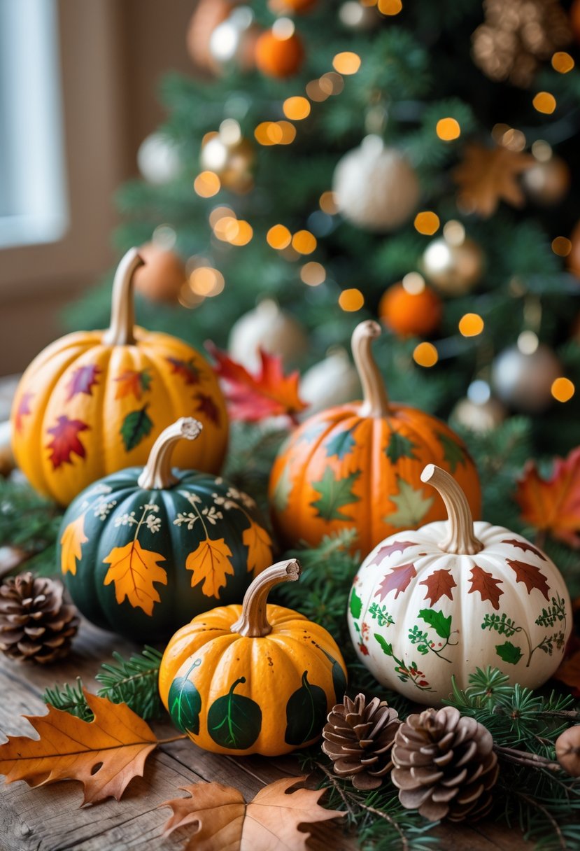 A variety of hand-painted gourds with autumn and Christmas designs displayed on a wooden table surrounded by pine cones, dried leaves, and evergreen sprigs, with a decorated Christmas tree softly blurred in the background.