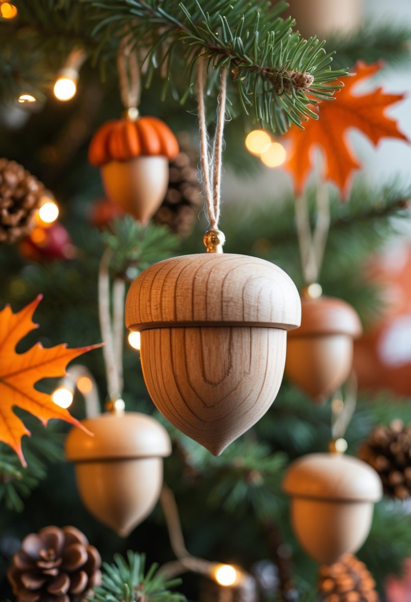 Close-up of wooden acorn ornaments hanging on a decorated Christmas tree with fall-themed decorations and warm lighting.