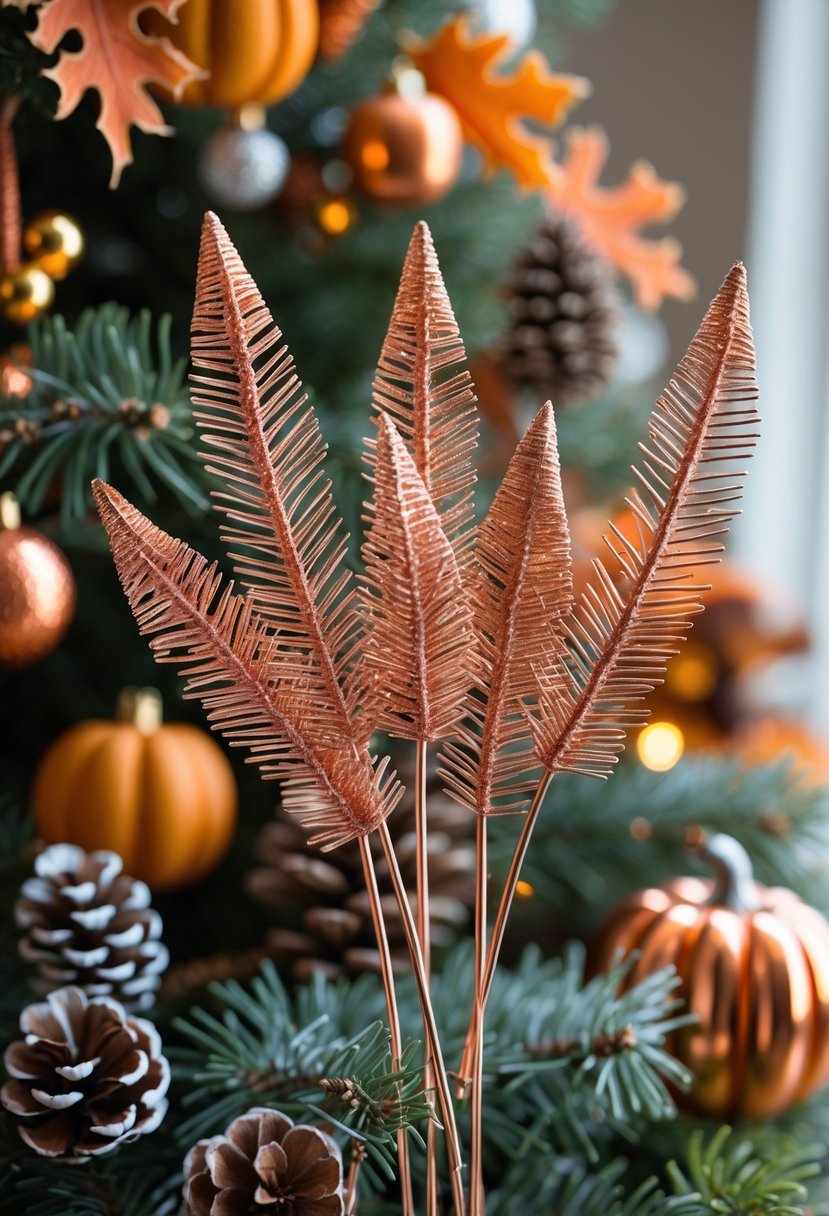Close-up of copper pine sprig picks arranged with autumn-colored pine needles and pine cones on a fall Christmas tree.
