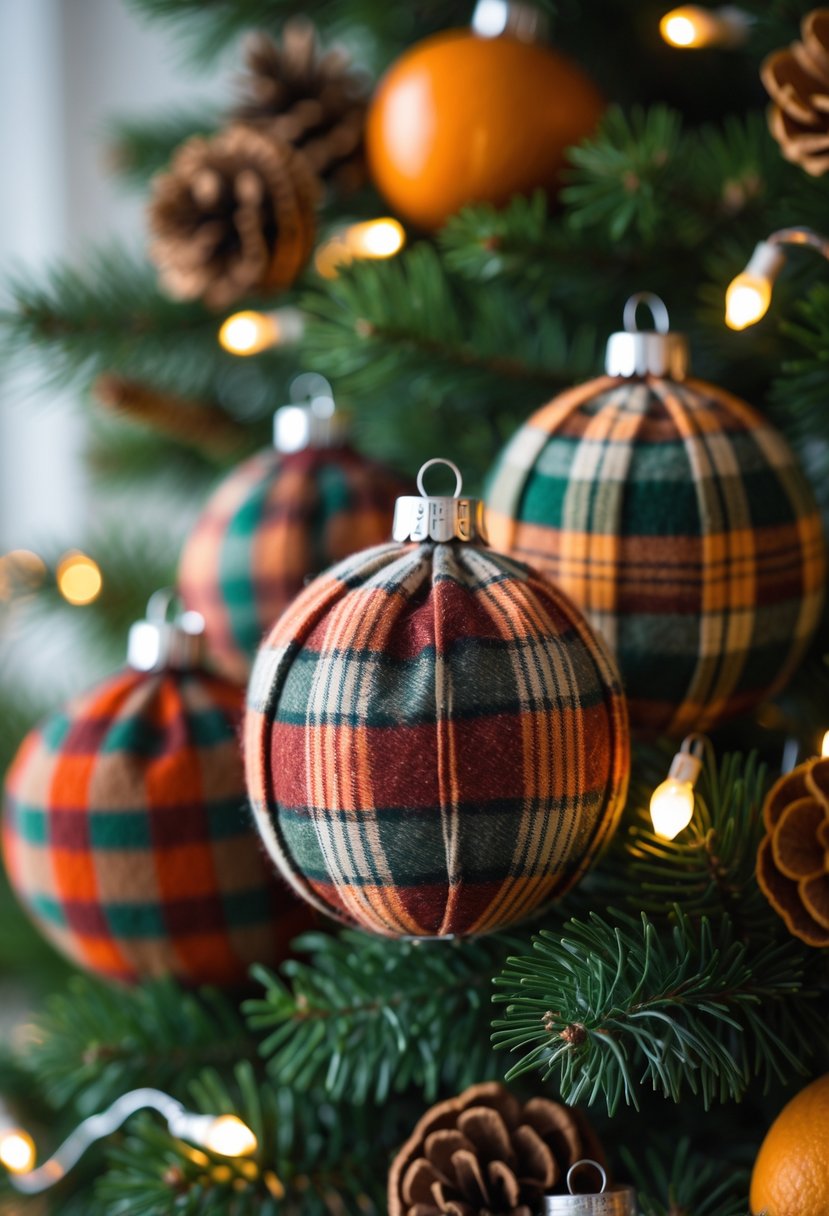 Close-up of Christmas tree decorated with plaid fabric wrapped ball ornaments and warm white lights.