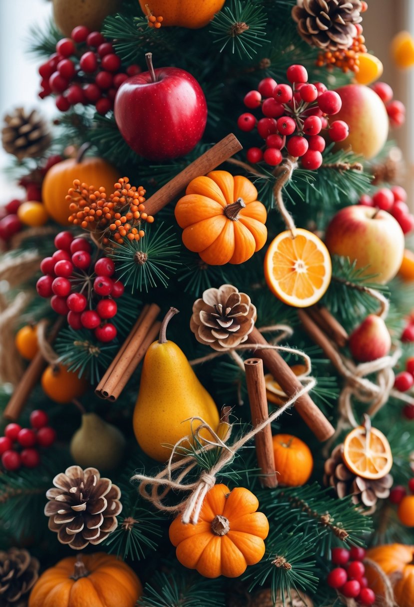 A collection of fall and Christmas decorative fruit clusters including apples, pumpkins, berries, pinecones, and dried orange slices arranged together.