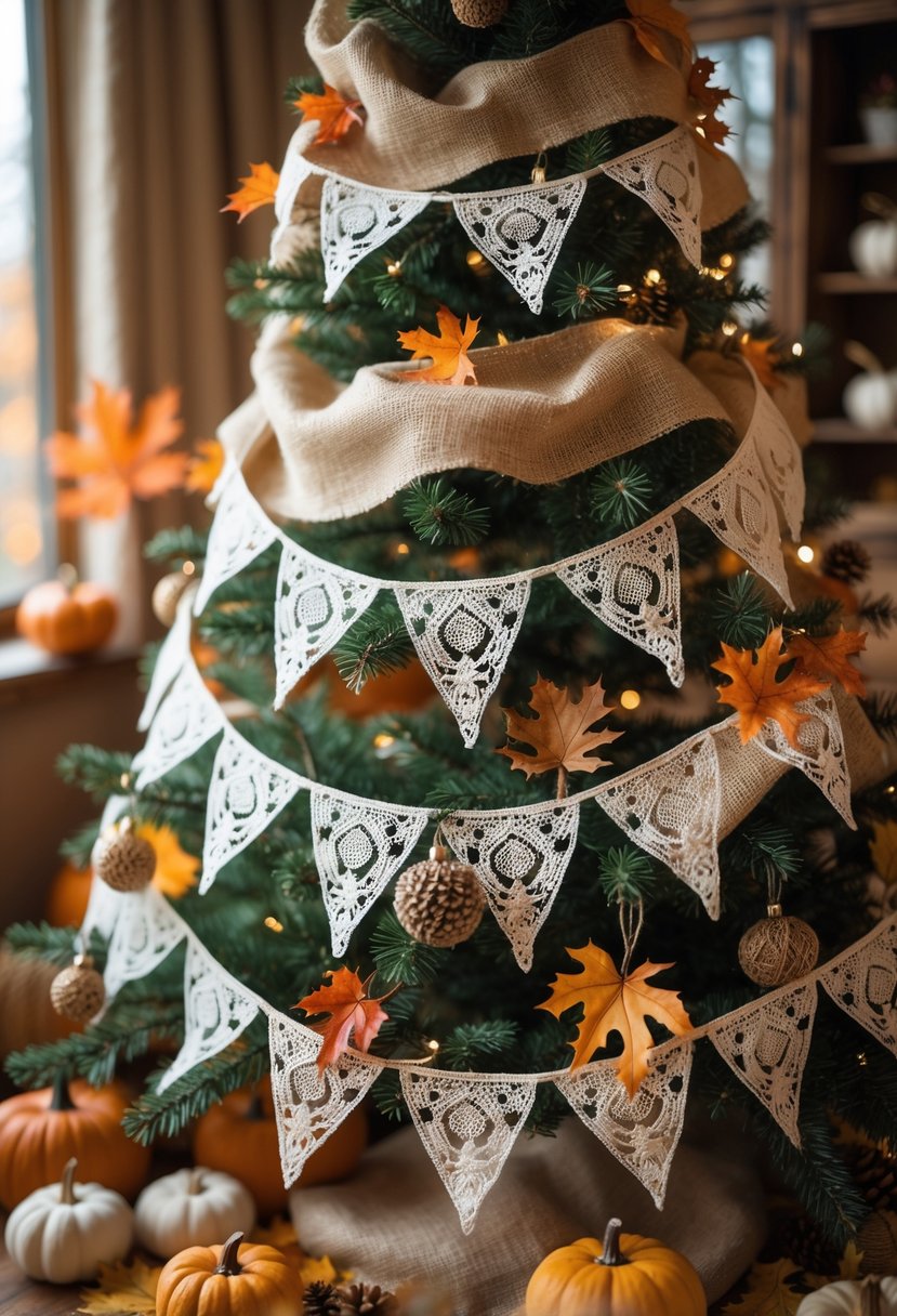 A decorated Christmas tree with burlap and lace bunting, surrounded by fall-themed decorations like pumpkins and pinecones.
