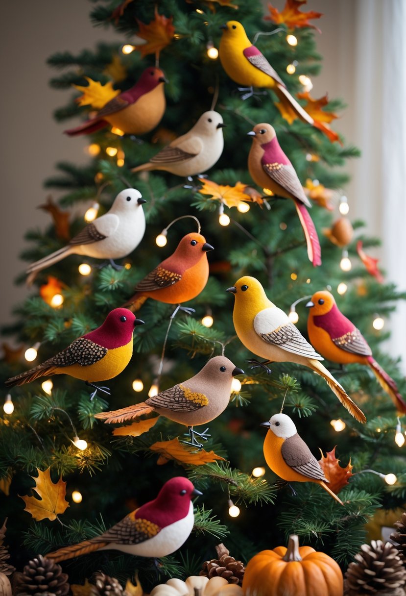 A Christmas tree decorated with colorful feathered bird ornaments and autumn-themed decorations.