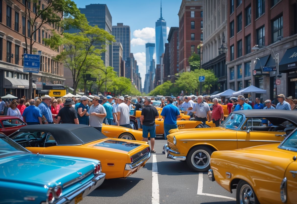 A group of people admiring classic cars parked on a busy street in Manhattan with tall buildings in the background.