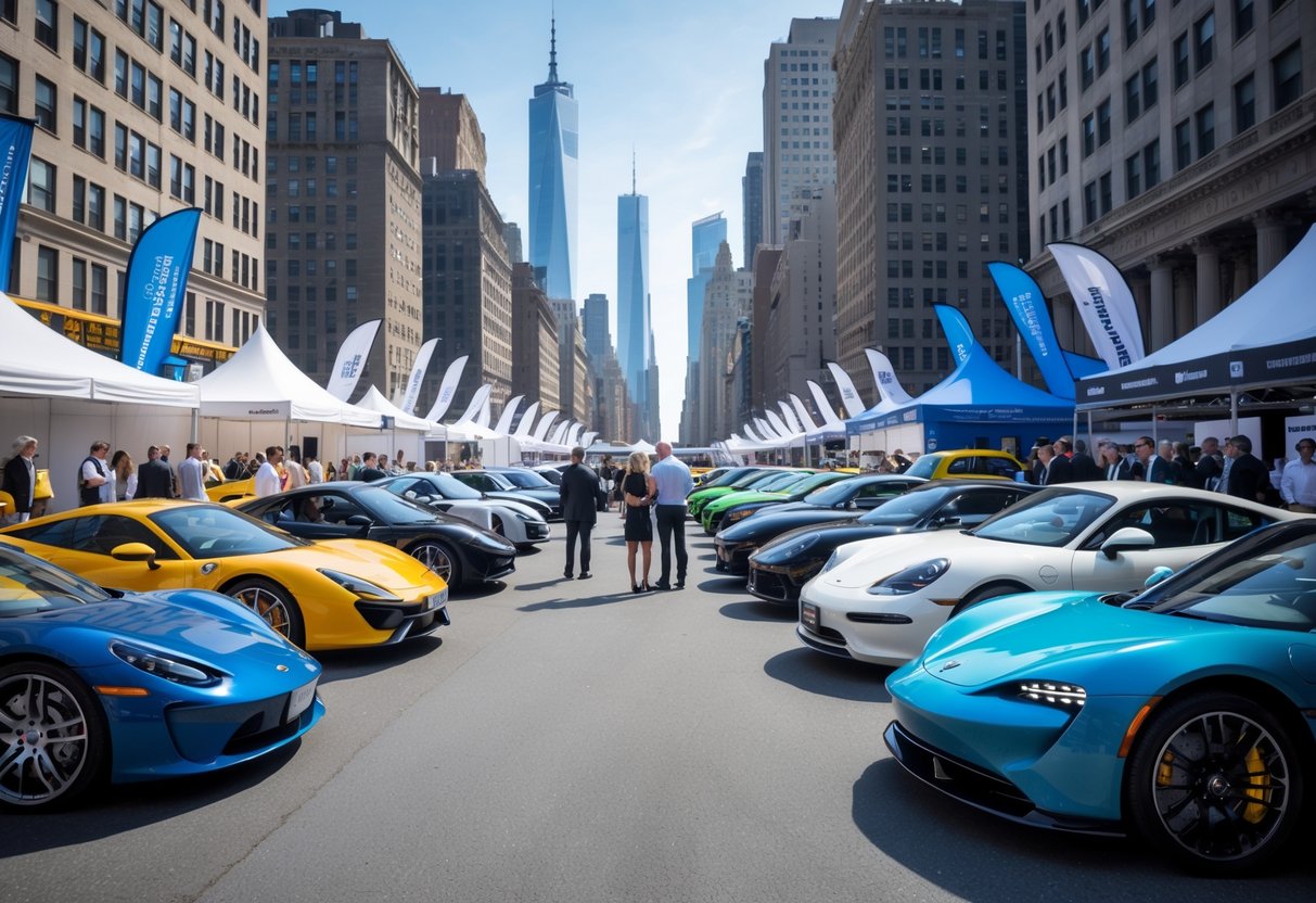 A lively outdoor car exhibition in New York City with luxury and classic cars displayed on a city street surrounded by skyscrapers and people admiring the vehicles.