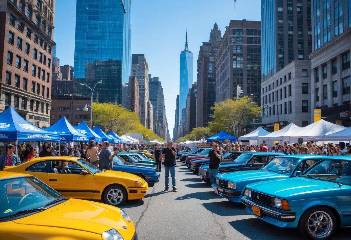 People admiring a variety of cars displayed on a busy New York City street with skyscrapers in the background.
