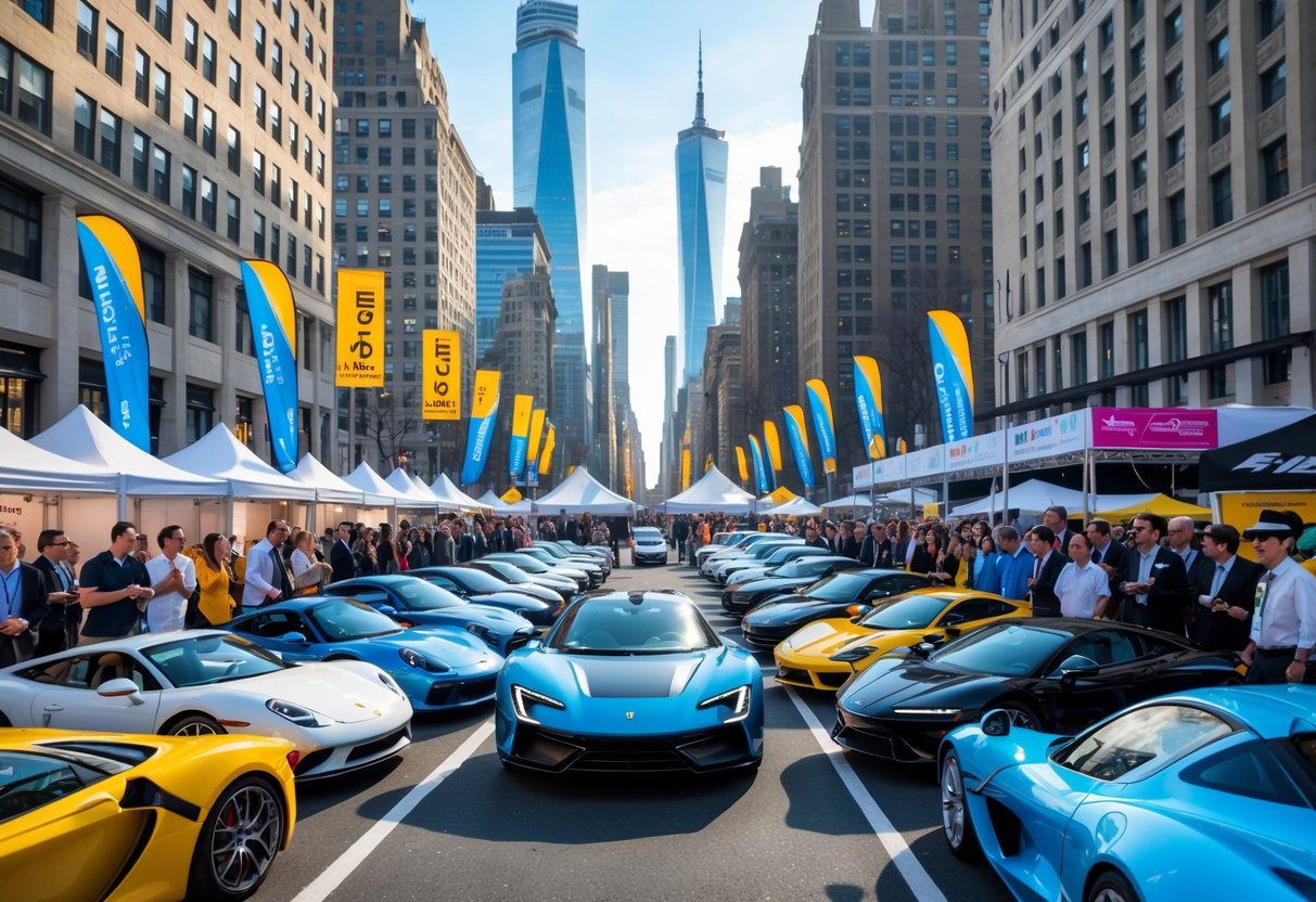 A busy outdoor car show in New York City with various luxury and classic cars displayed on a city street surrounded by skyscrapers and people admiring the vehicles.