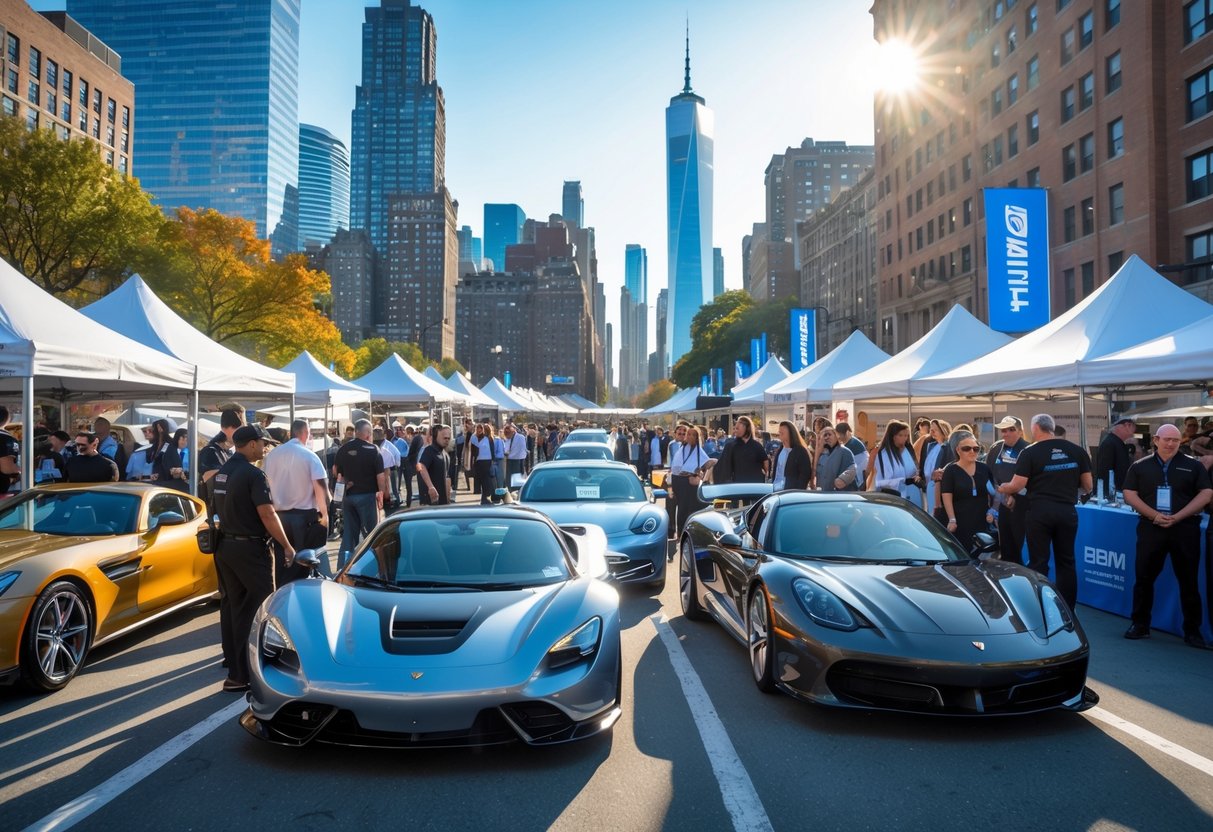 People admiring various cars displayed outdoors at a busy auto event with city skyscrapers in the background.