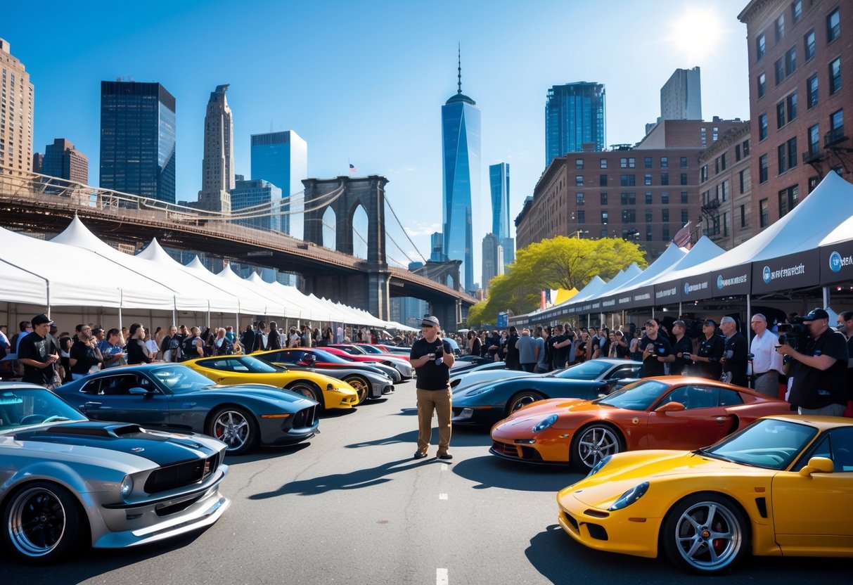 A busy outdoor car show in New York City with people looking at various cars on display and city buildings in the background.