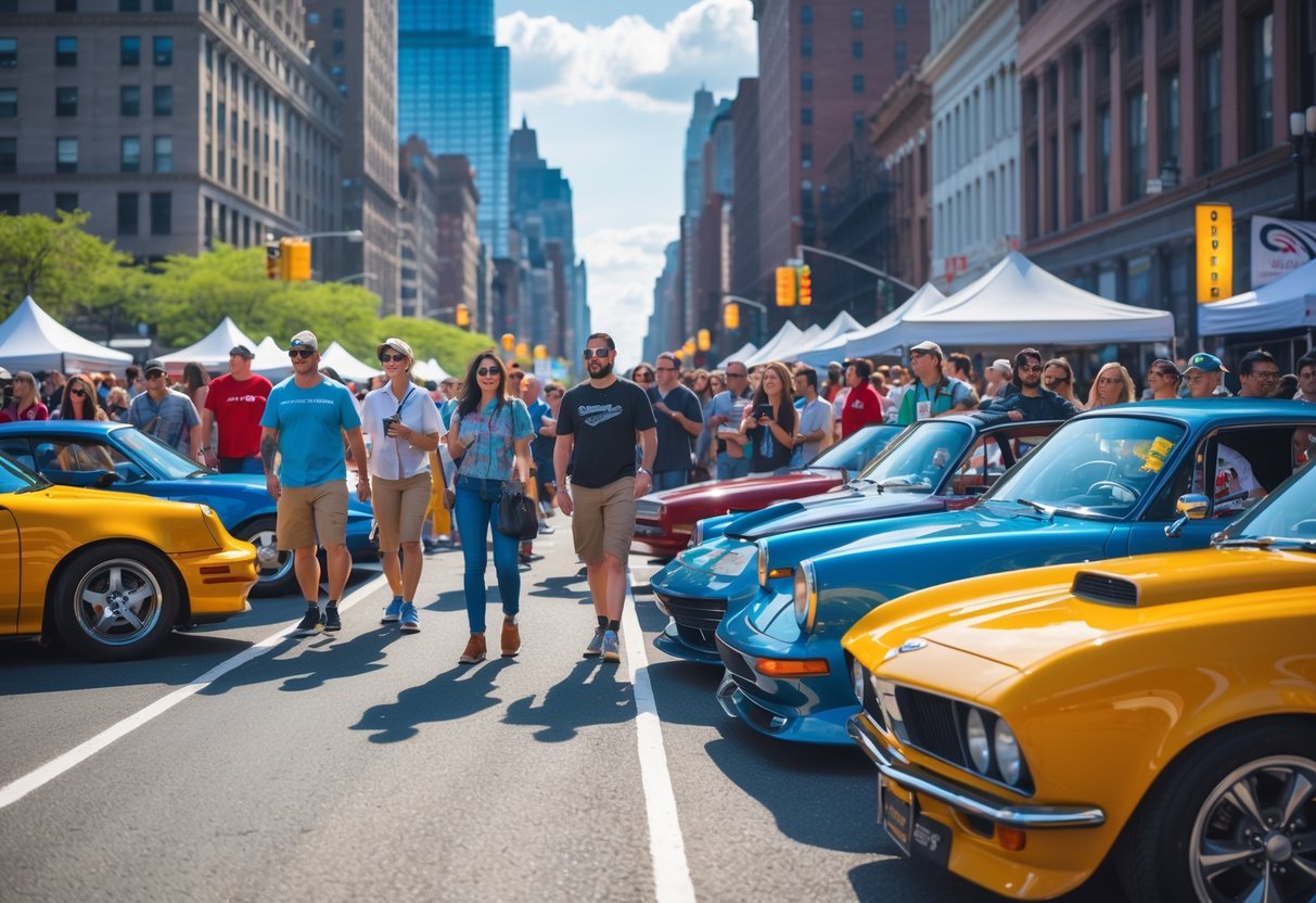 Crowd of people viewing various cars displayed on a New York City street with skyscrapers in the background.