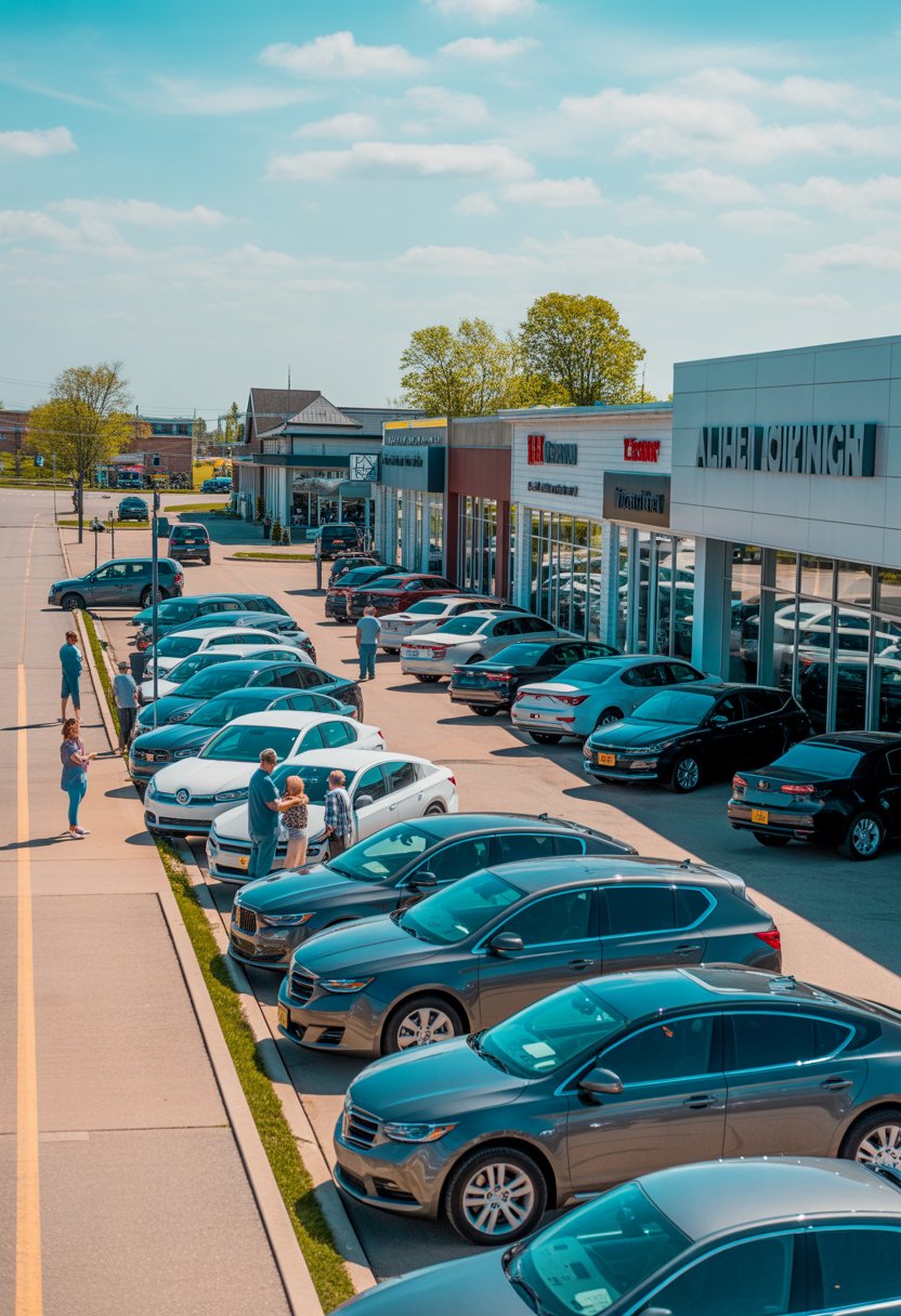 A street view of seven car dealerships in Alpena, Michigan, with multiple cars displayed outside and people walking around on a sunny day.