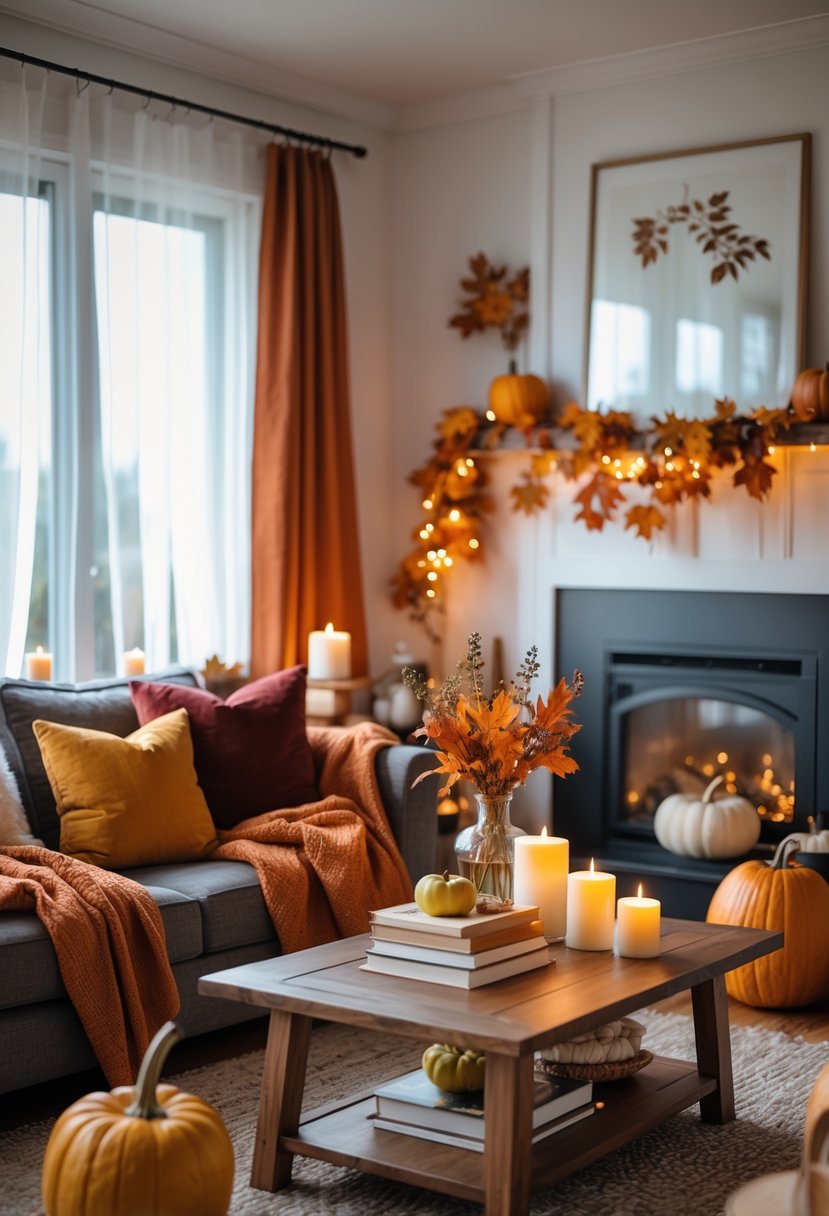 28 Fall-Inspired Home Styling Tips for a Warm and Inviting Space 2 A cozy living room decorated with autumn-themed items including pumpkins, throw blankets, pillows, and candles near a fireplace.