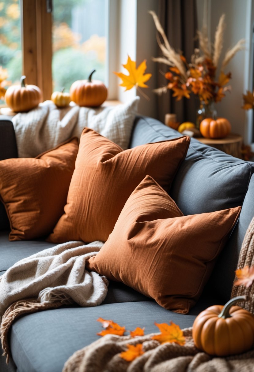 28 Fall-Inspired Home Styling Tips for a Warm and Inviting Space 3 A living room with a sofa decorated with burnt orange throw pillows and autumn-themed decorations.