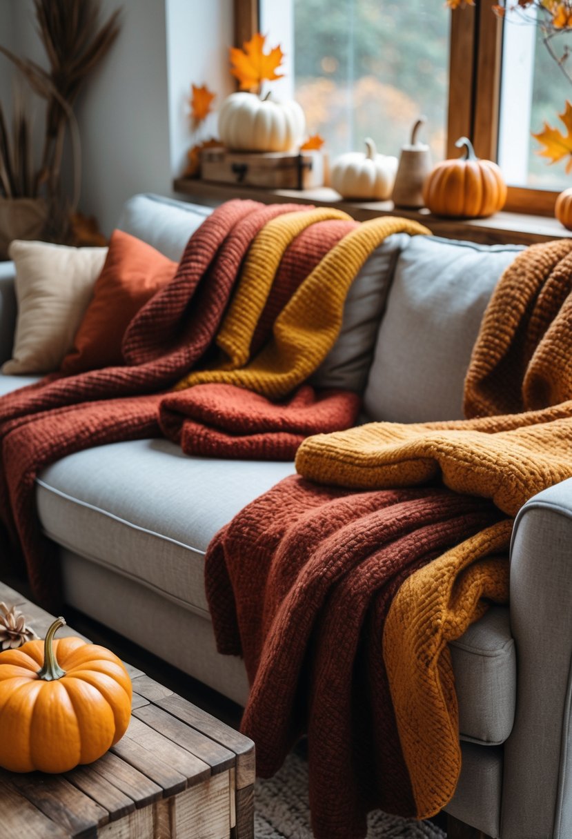 28 Fall-Inspired Home Styling Tips for a Warm and Inviting Space 4 A living room with sofas covered in layered wool blankets in warm fall colors, with soft natural light and autumn decorations nearby.