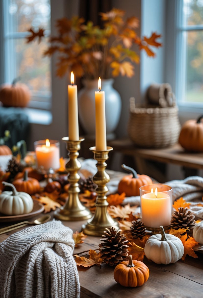 28 Fall-Inspired Home Styling Tips for a Warm and Inviting Space 5 A warm and inviting home interior with brass candle holders casting soft light on a wooden table decorated with autumn leaves, pumpkins, and cozy fabrics.