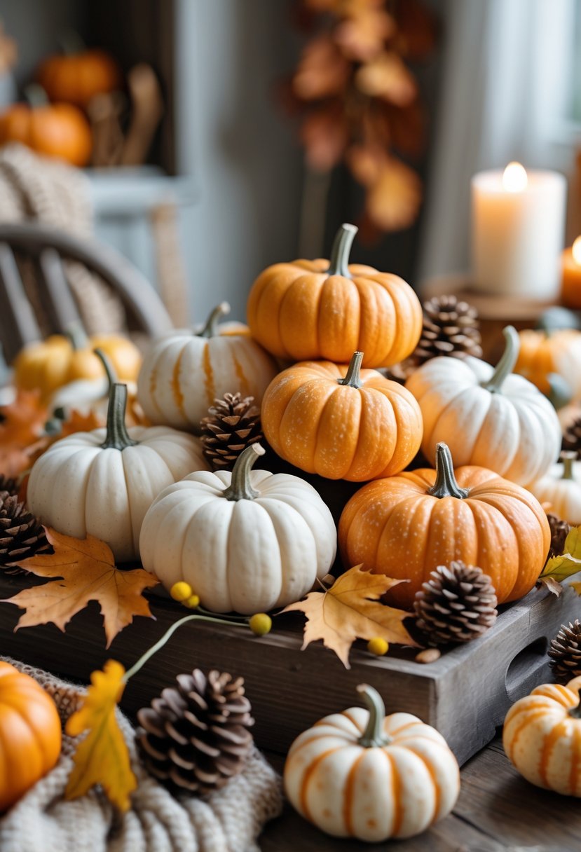 28 Fall-Inspired Home Styling Tips for a Warm and Inviting Space 6 A centerpiece of mini pumpkins arranged on a wooden table with autumn leaves and pine cones.
