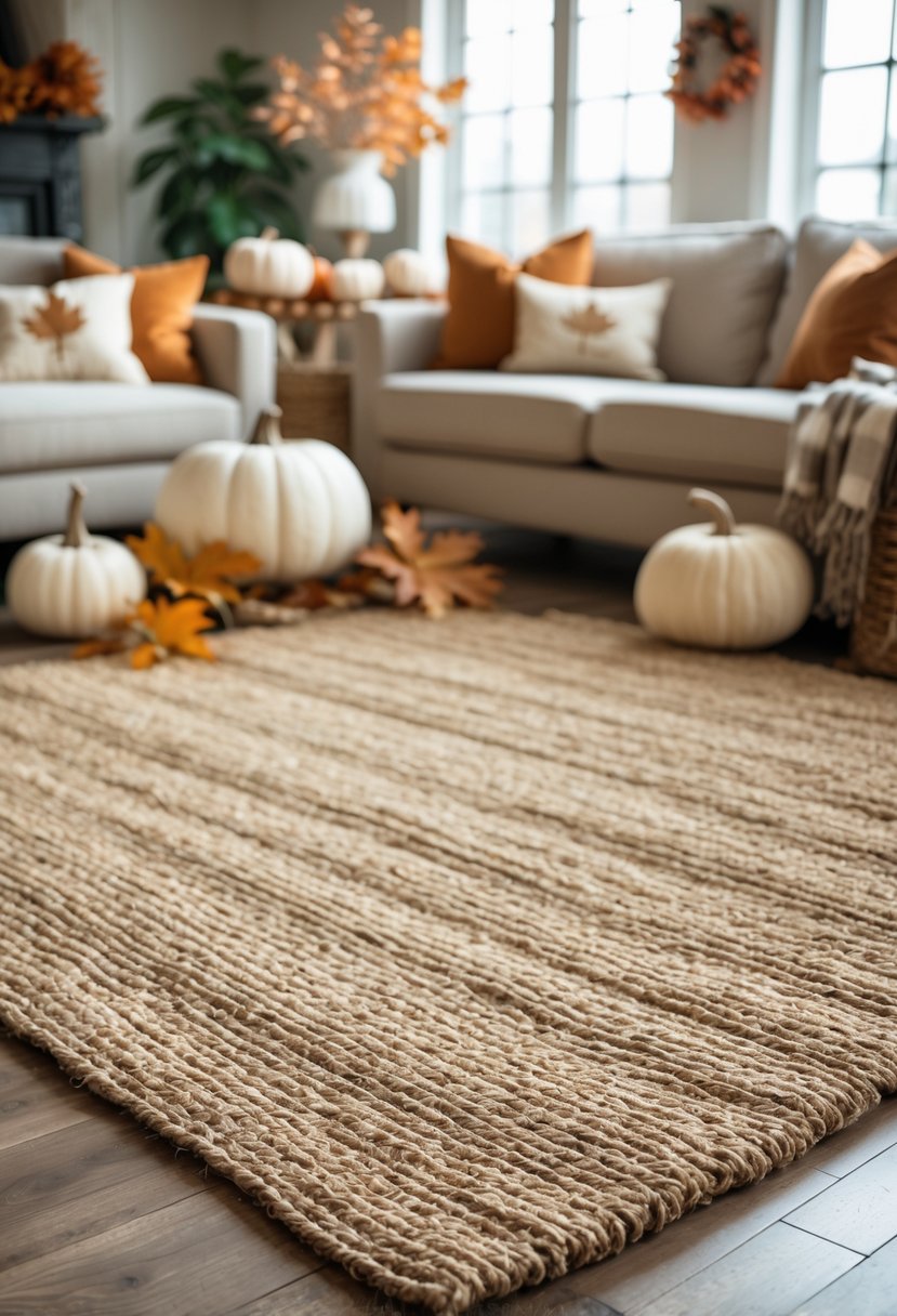 28 Fall-Inspired Home Styling Tips for a Warm and Inviting Space 7 A living room with a woven jute rug on the floor, a sofa, coffee table, and autumn-themed decorations.
