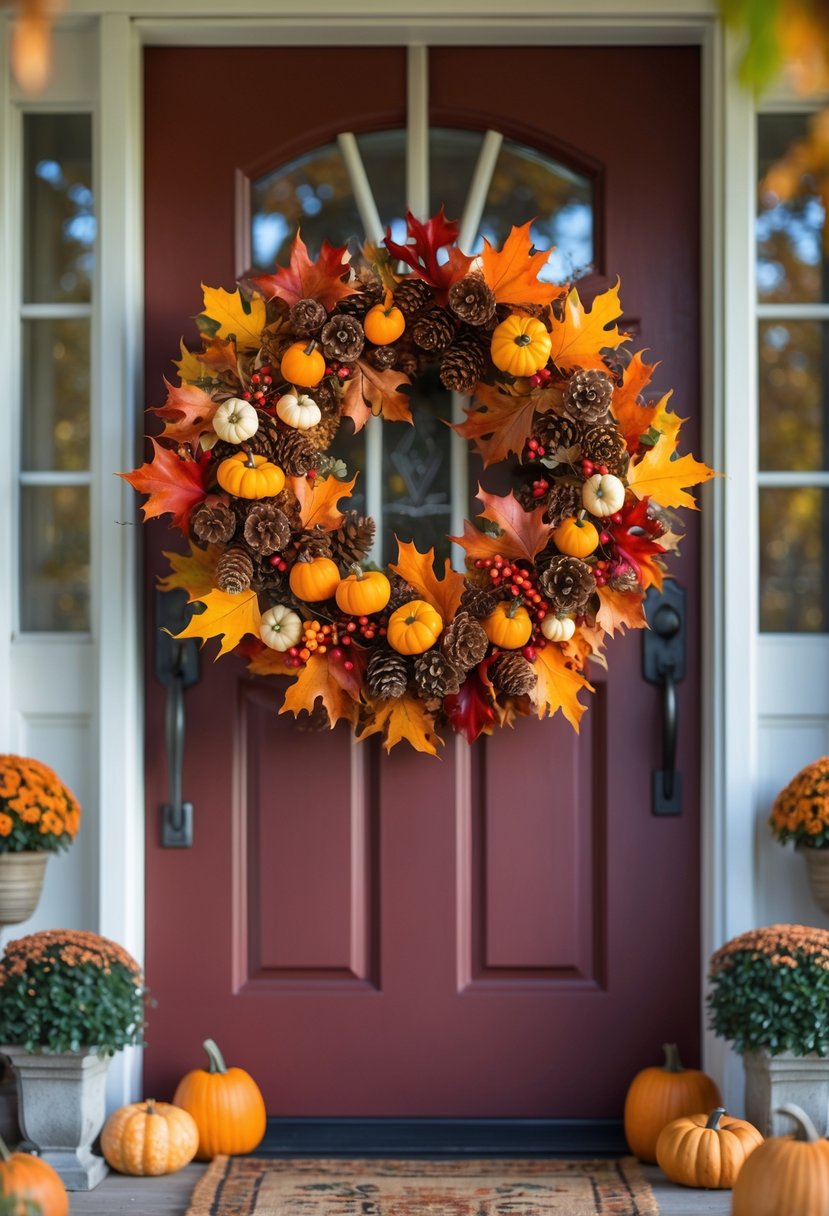 28 Fall-Inspired Home Styling Tips for a Warm and Inviting Space 8 Front door decorated with an autumn wreath made of colorful leaves, pumpkins, and pine cones.