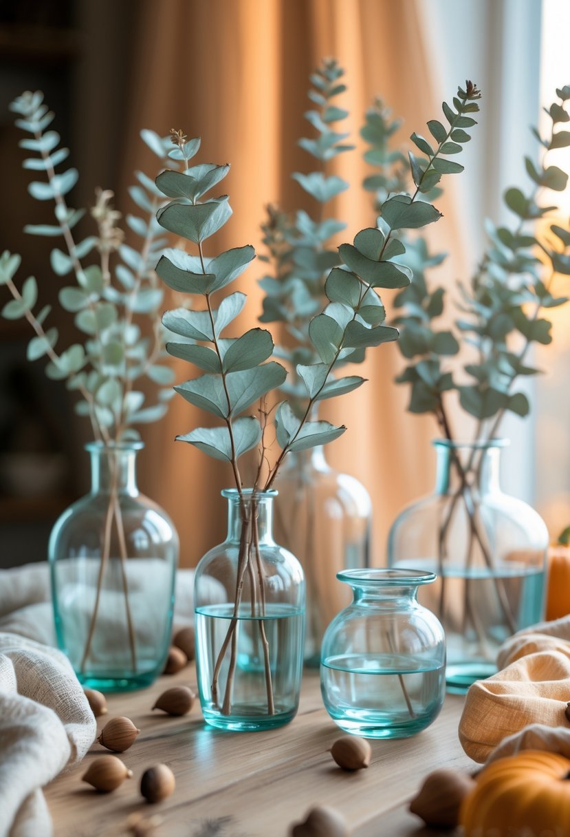 28 Fall-Inspired Home Styling Tips for a Warm and Inviting Space 9 Several clear glass vases holding dried eucalyptus branches arranged on a wooden surface with warm autumnal lighting.