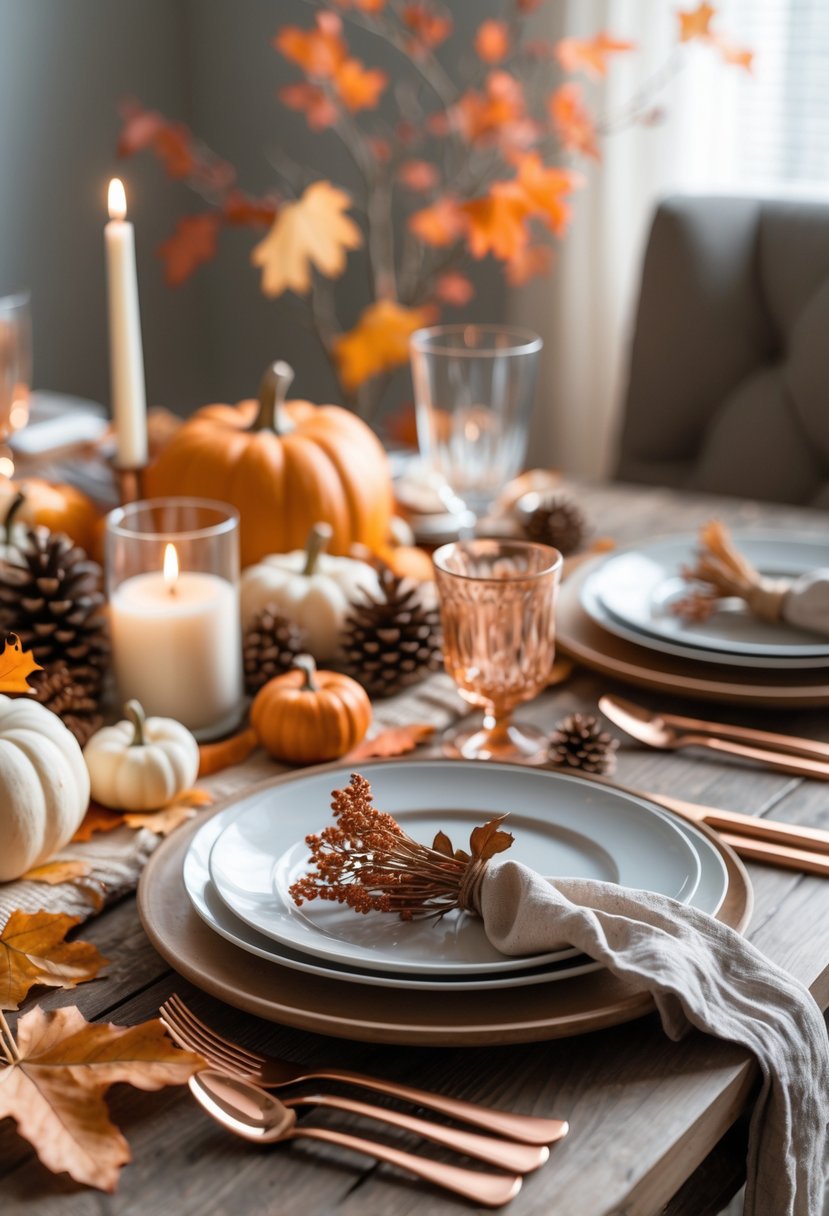 28 Fall-Inspired Home Styling Tips for a Warm and Inviting Space 12 A dining table set with copper flatware, white plates, glassware, and fall-themed decorations including pumpkins and autumn leaves.