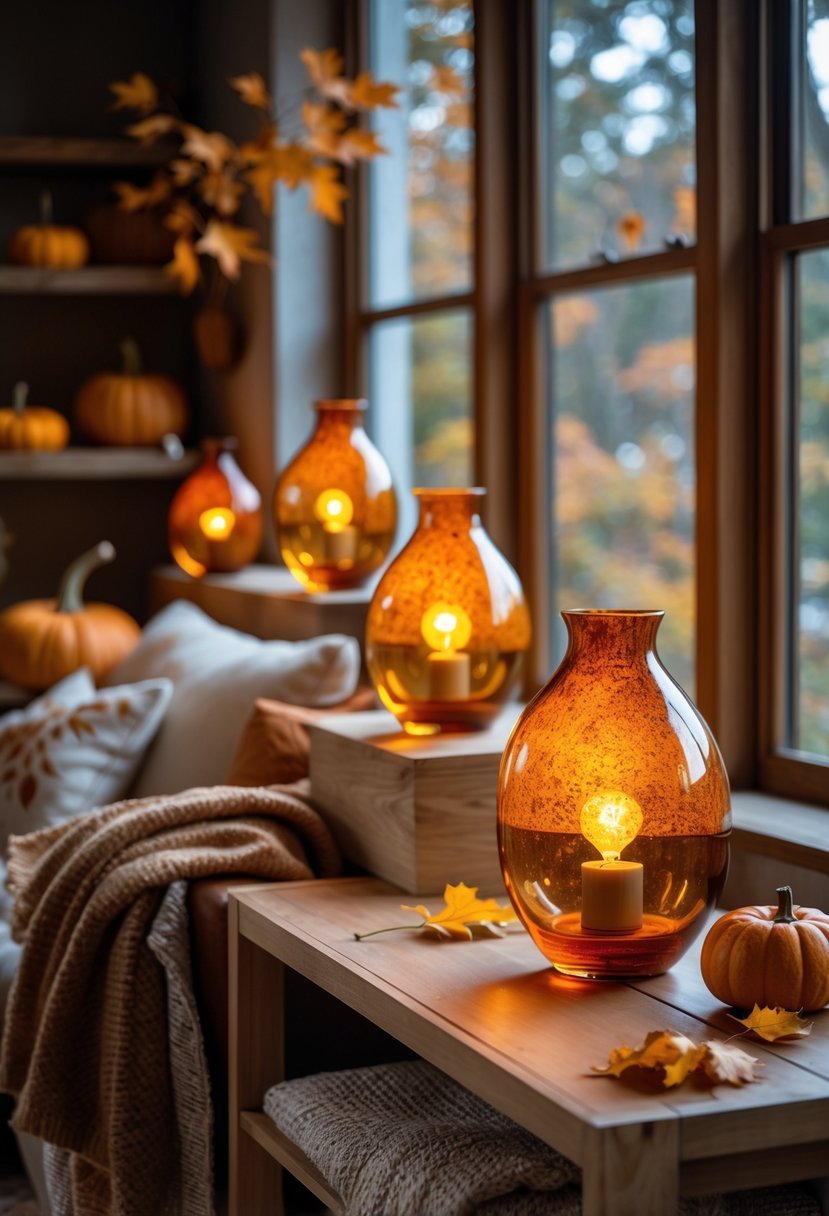 28 Fall-Inspired Home Styling Tips for a Warm and Inviting Space 13 A cozy home interior with amber glass lamps and autumn decorations including pumpkins and dried leaves.