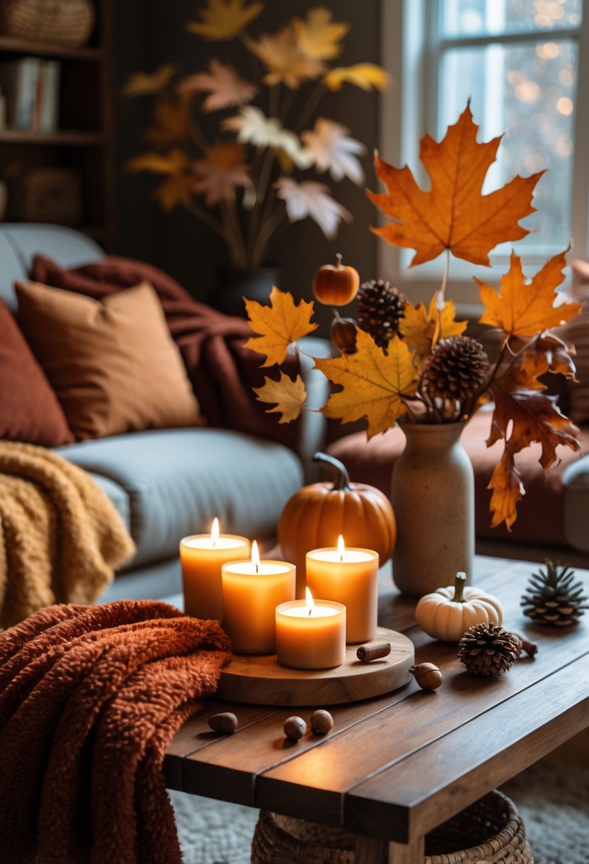 28 Fall-Inspired Home Styling Tips for a Warm and Inviting Space 14 A cozy living room with lit cinnamon-scented candles on a wooden table surrounded by fall decorations like blankets, leaves, pumpkins, and pinecones.