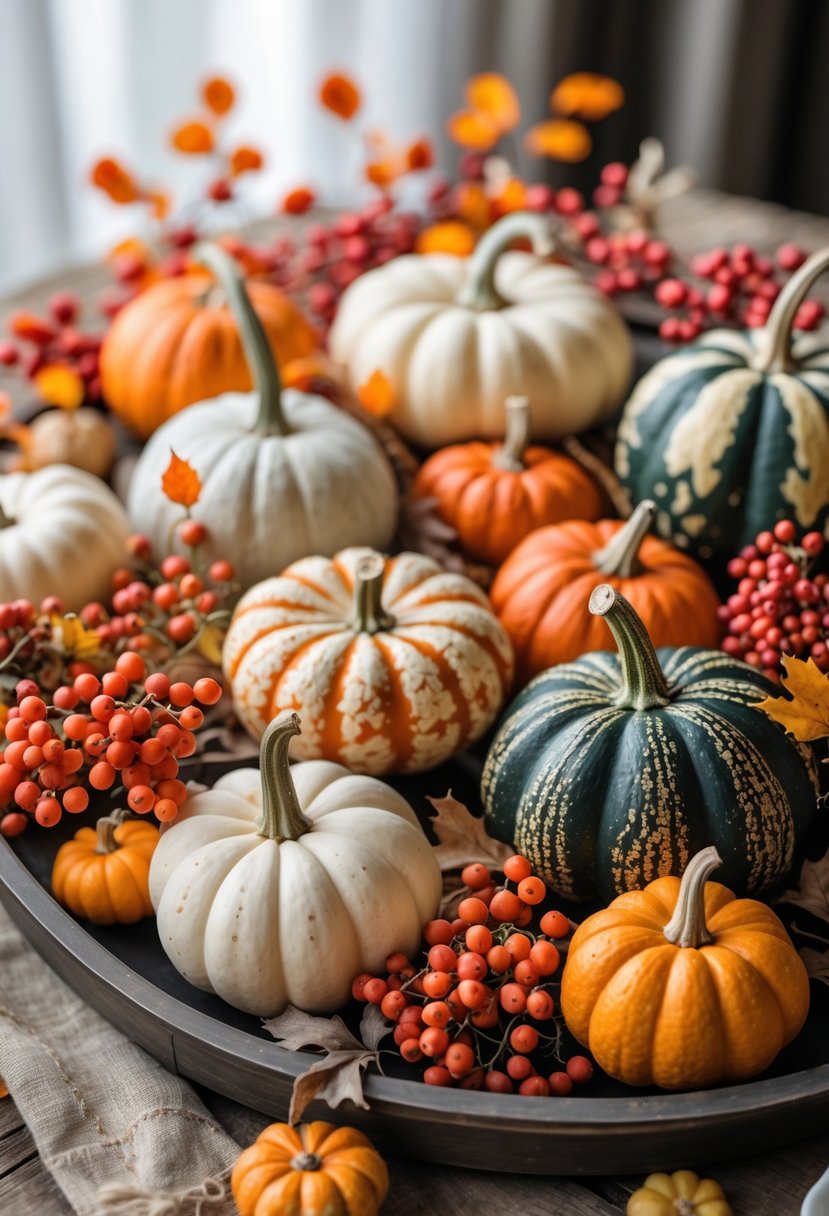 28 Fall-Inspired Home Styling Tips for a Warm and Inviting Space 15 A tray arranged with various gourds and clusters of red and orange berries on a wooden surface.