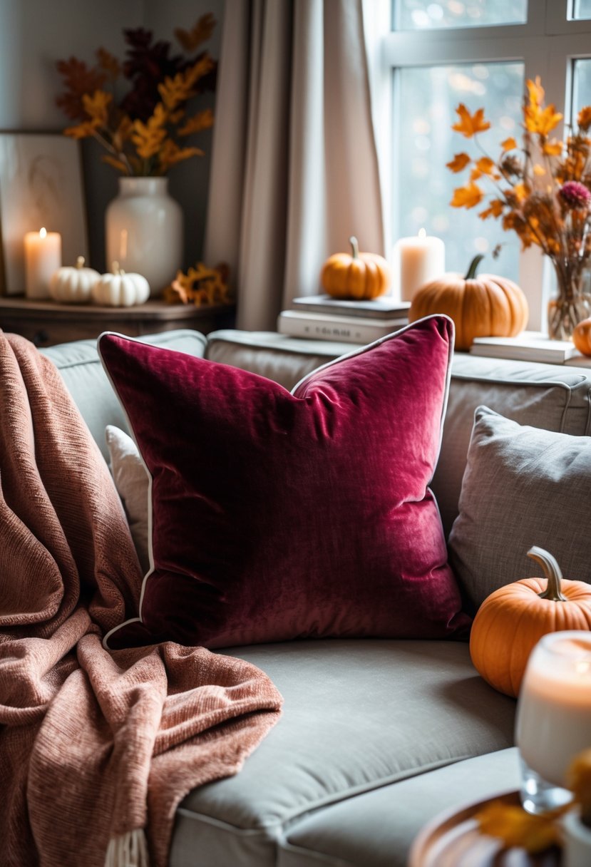 28 Fall-Inspired Home Styling Tips for a Warm and Inviting Space 16 A living room corner with a deep red velvet cushion on a sofa surrounded by autumn decorations and natural light.