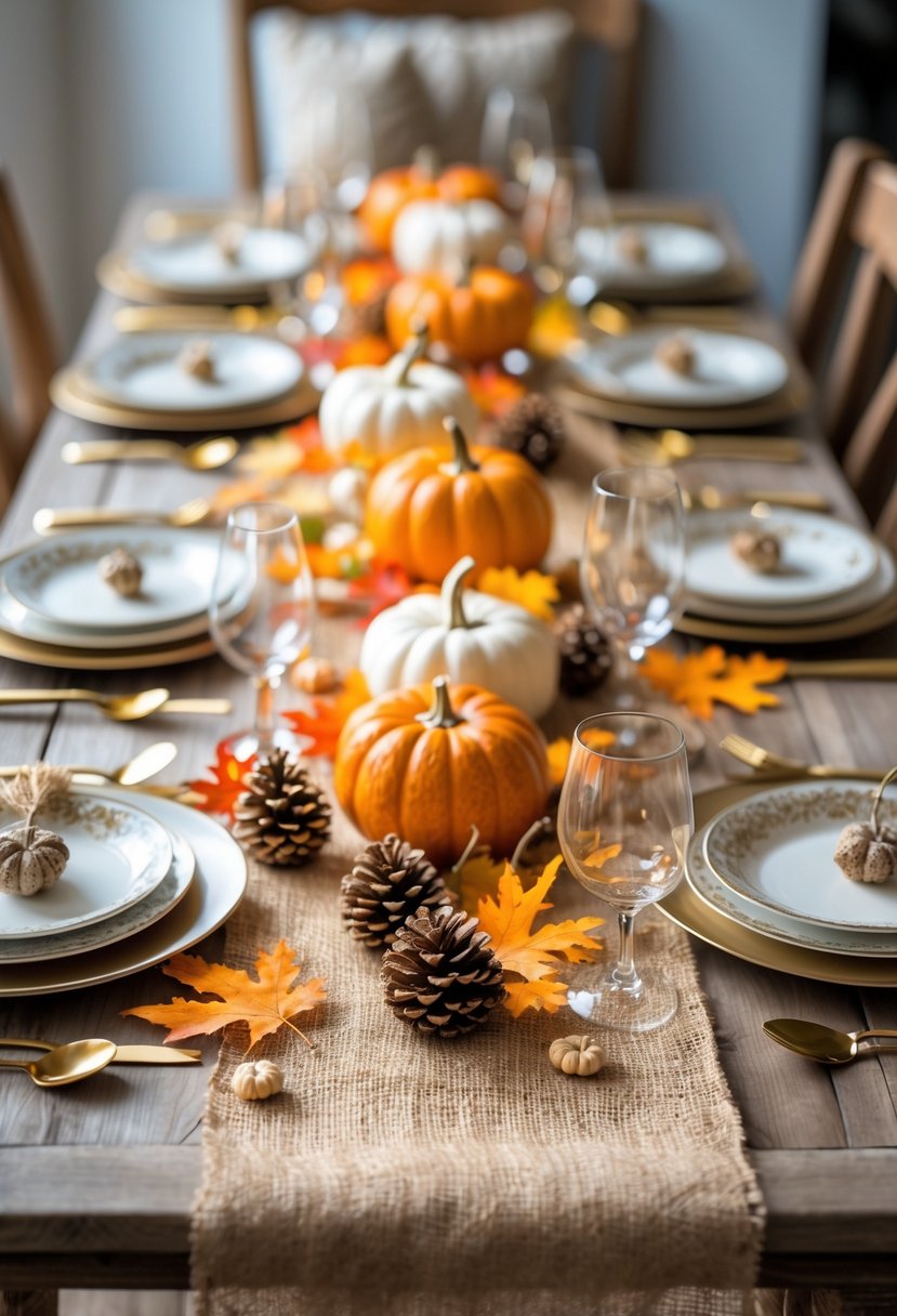 28 Fall-Inspired Home Styling Tips for a Warm and Inviting Space 17 A dining table decorated with burlap runners, pumpkins, autumn leaves, pinecones, candles, plates, and glasses for a fall setting.