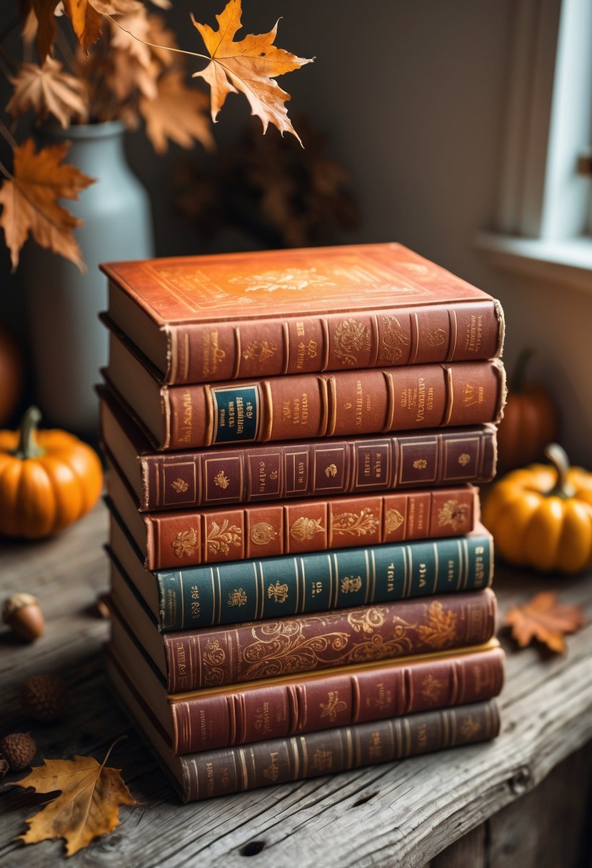 28 Fall-Inspired Home Styling Tips for a Warm and Inviting Space 18 A stack of vintage books with fall-colored covers on a wooden surface surrounded by autumn leaves and small pumpkins.