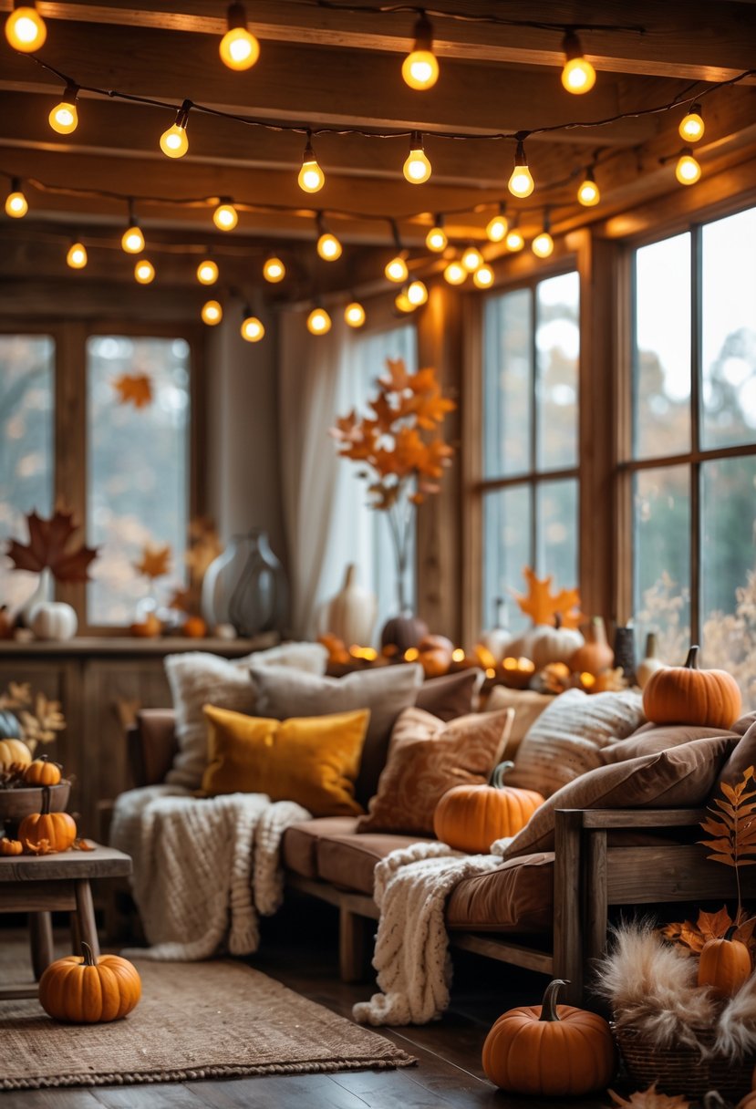 28 Fall-Inspired Home Styling Tips for a Warm and Inviting Space 19 A cozy living room decorated with warm string lights and autumn-themed decorations like pumpkins and leaves.