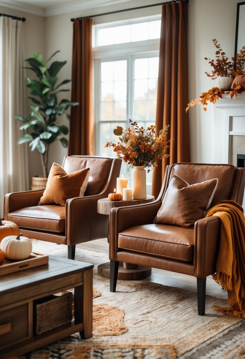 28 Fall-Inspired Home Styling Tips for a Warm and Inviting Space 20 A living room with two brown leather chairs, a wooden coffee table with candles and flowers, and autumn decorations including pumpkins and dried leaves.