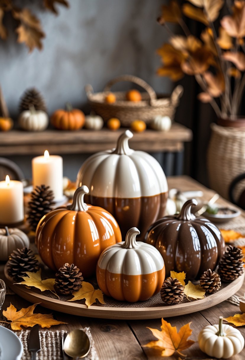 28 Fall-Inspired Home Styling Tips for a Warm and Inviting Space 21 A wooden table with ceramic pumpkin-shaped containers surrounded by autumn leaves, pine cones, and small gourds.