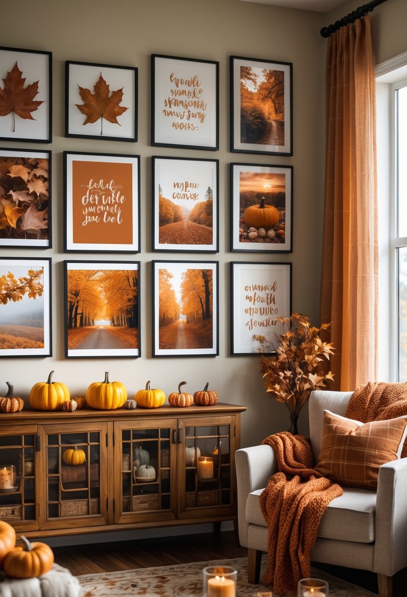 28 Fall-Inspired Home Styling Tips for a Warm and Inviting Space 22 A cozy living room corner with a gallery wall featuring autumn-themed framed artwork and a wooden console table decorated with pumpkins, pinecones, and candles.