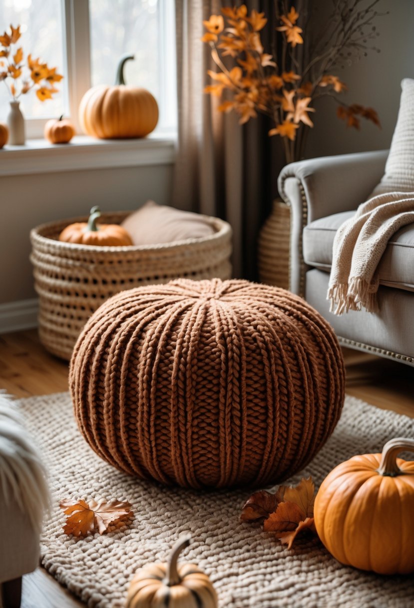 28 Fall-Inspired Home Styling Tips for a Warm and Inviting Space 23 A chunky knit pouf placed in a cozy living room corner with autumn decorations and soft natural light.