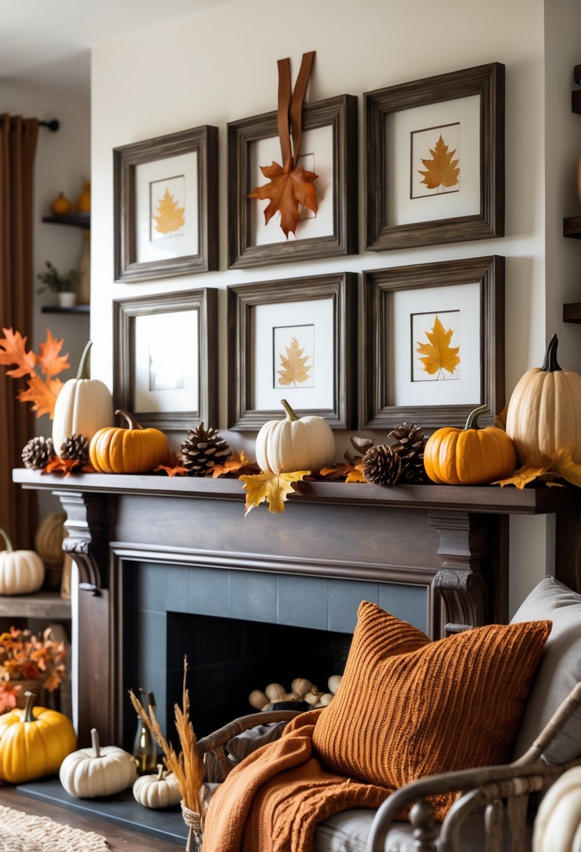 28 Fall-Inspired Home Styling Tips for a Warm and Inviting Space 24 A cozy interior scene with dark wood picture frames surrounded by autumn decorations like pumpkins, dried leaves, and warm-colored textiles.