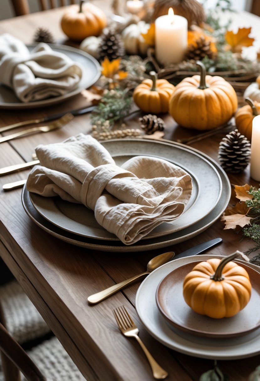 28 Fall-Inspired Home Styling Tips for a Warm and Inviting Space 25 A dining table set with natural linen napkins, ceramic plates, small pumpkins, pine cones, dried leaves, and candles arranged for a fall-themed setting.