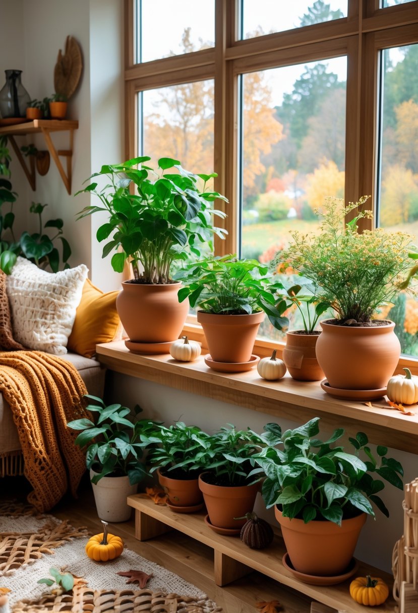 28 Fall-Inspired Home Styling Tips for a Warm and Inviting Space 26 Indoor living room with terracotta pots holding green plants, wooden furniture, and autumn decorations like pumpkins and candles.