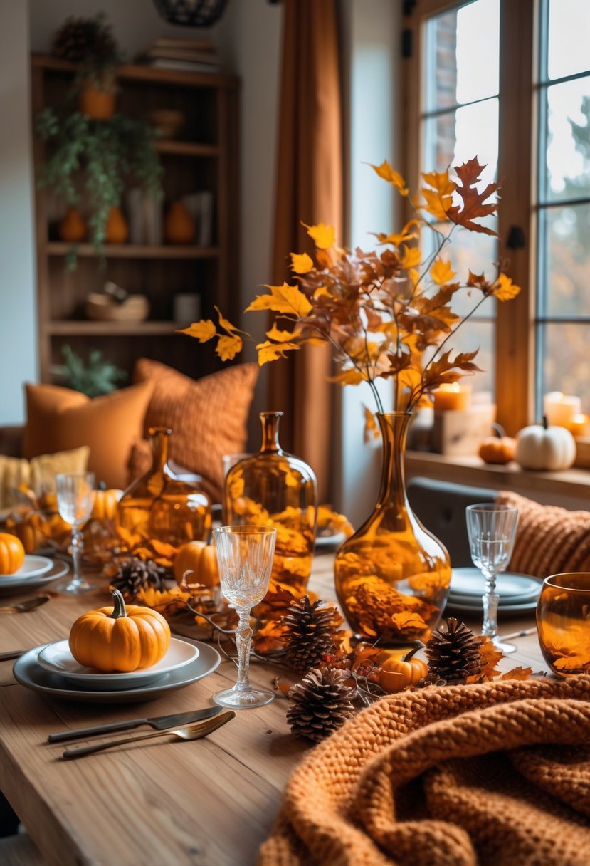 28 Fall-Inspired Home Styling Tips for a Warm and Inviting Space 28 A wooden dining table set with amber-colored glassware surrounded by fall decorations including pumpkins, dried leaves, and warm textiles.