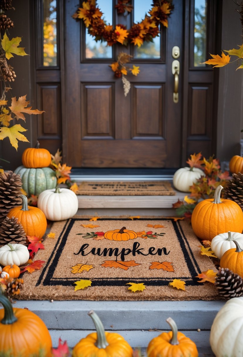 28 Fall-Inspired Home Styling Tips for a Warm and Inviting Space 29 A harvest-themed doormat on a doorstep surrounded by pumpkins, colorful fallen leaves, and pinecones.
