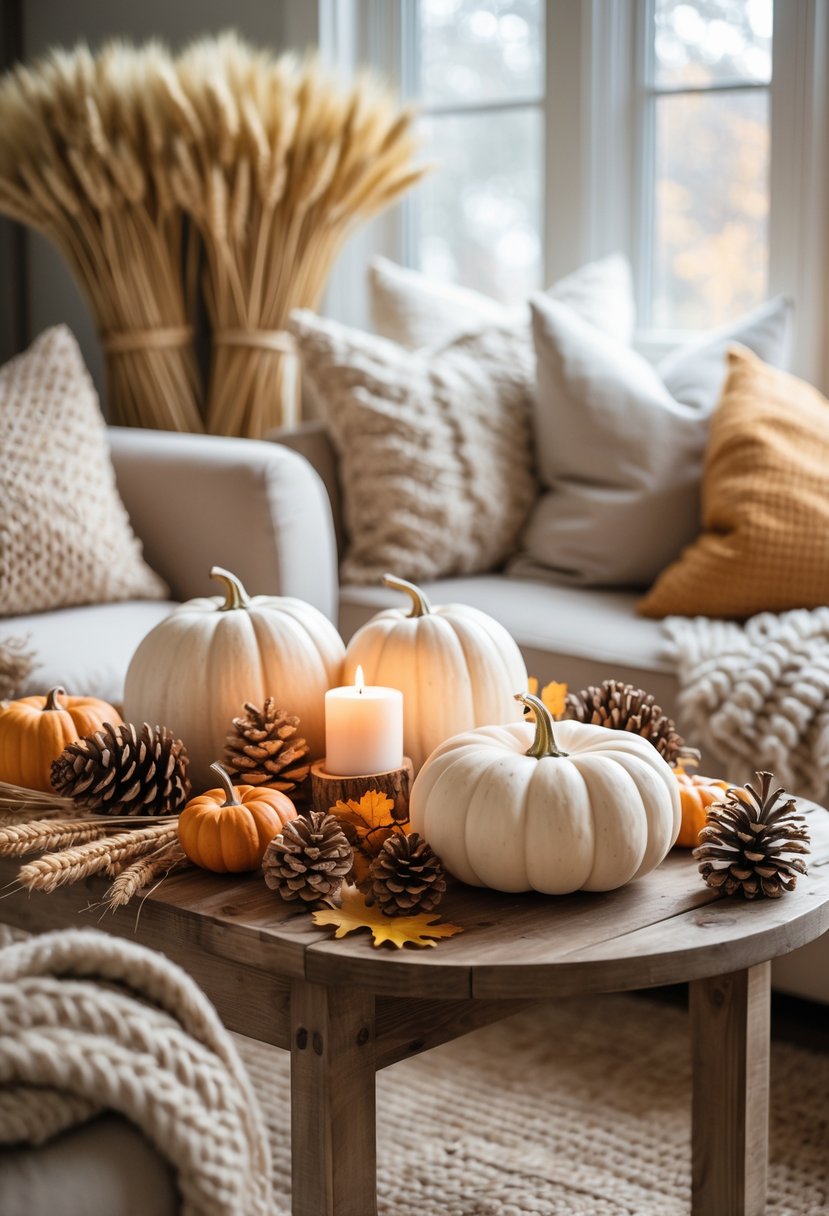 28 Fall-Inspired Home Styling Tips for a Warm and Inviting Space 30 A cozy living room corner decorated with dried wheat bundles, pumpkins, candles, and a wooden table with soft natural light.